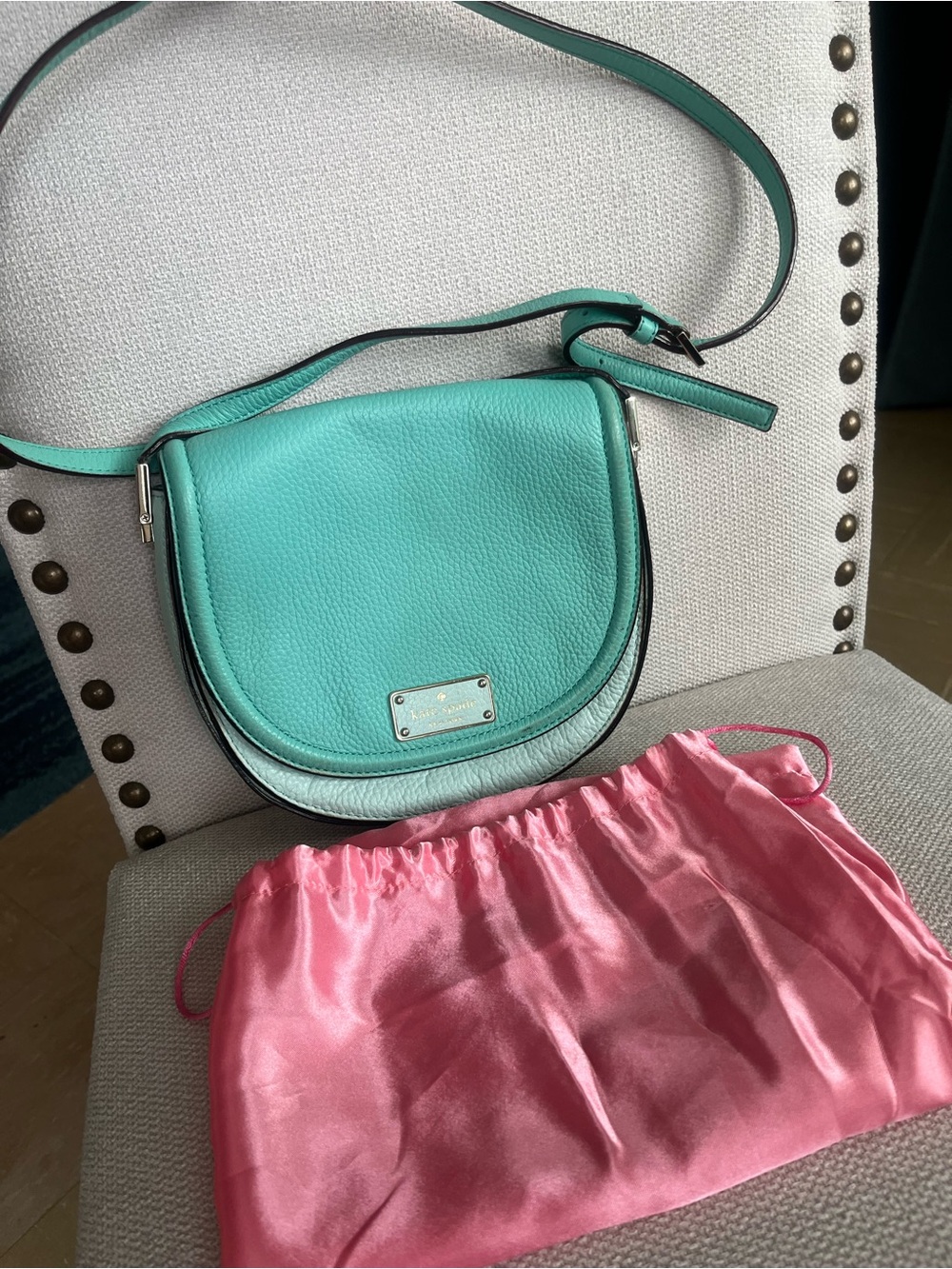 KATE SPADE *AS IS* 2-fer Bag with Pink satin dust bag. Mint teal pebbled leather